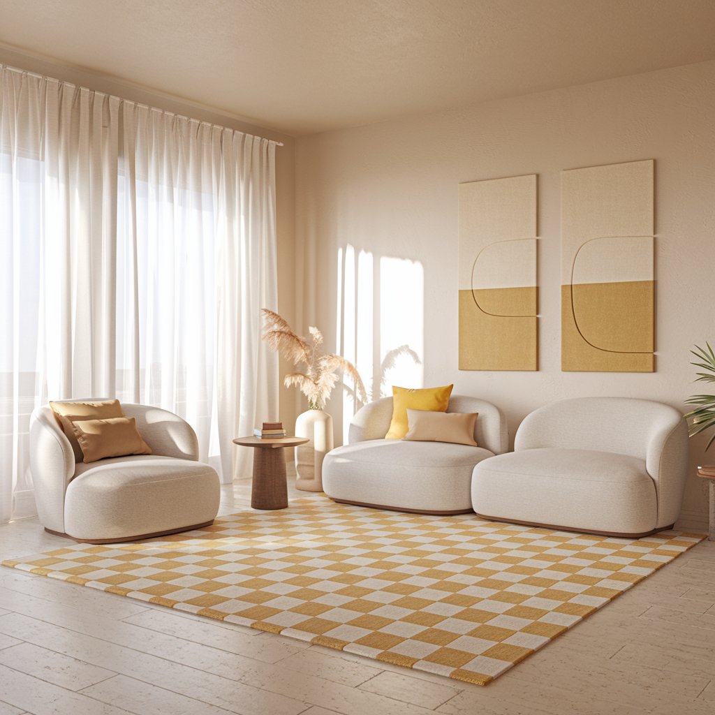 Yellow and White Checkered Rug With a Minimalistic Vibe