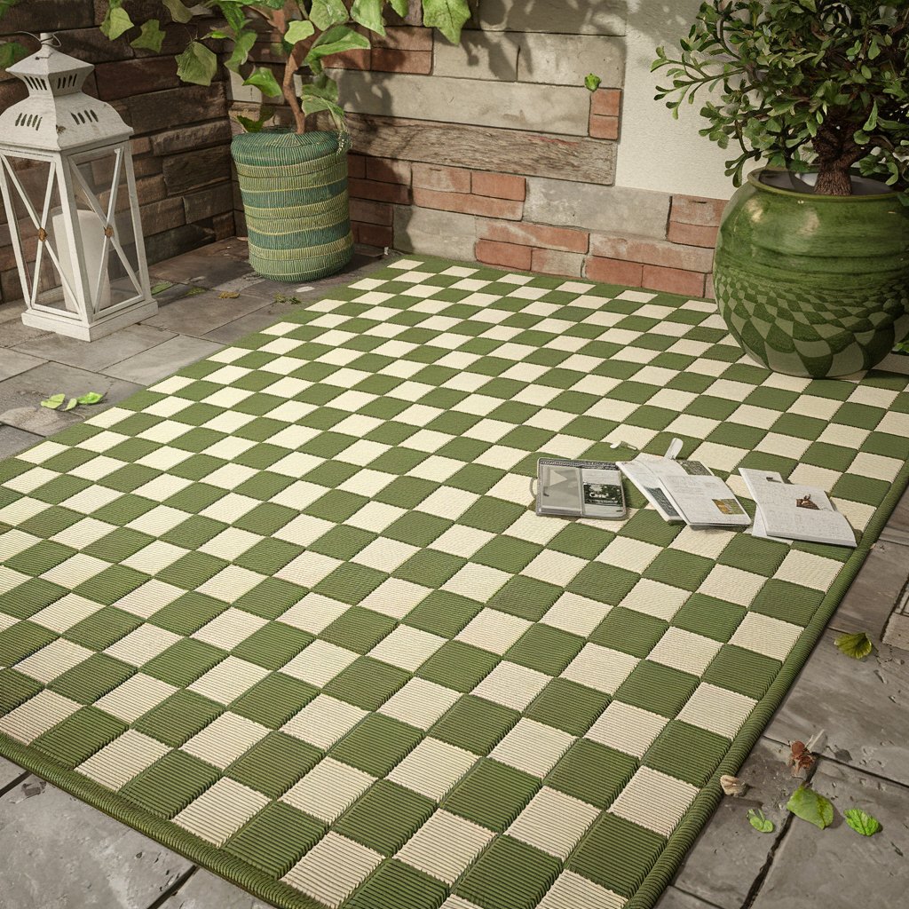 Green checkerboard rug on a patio