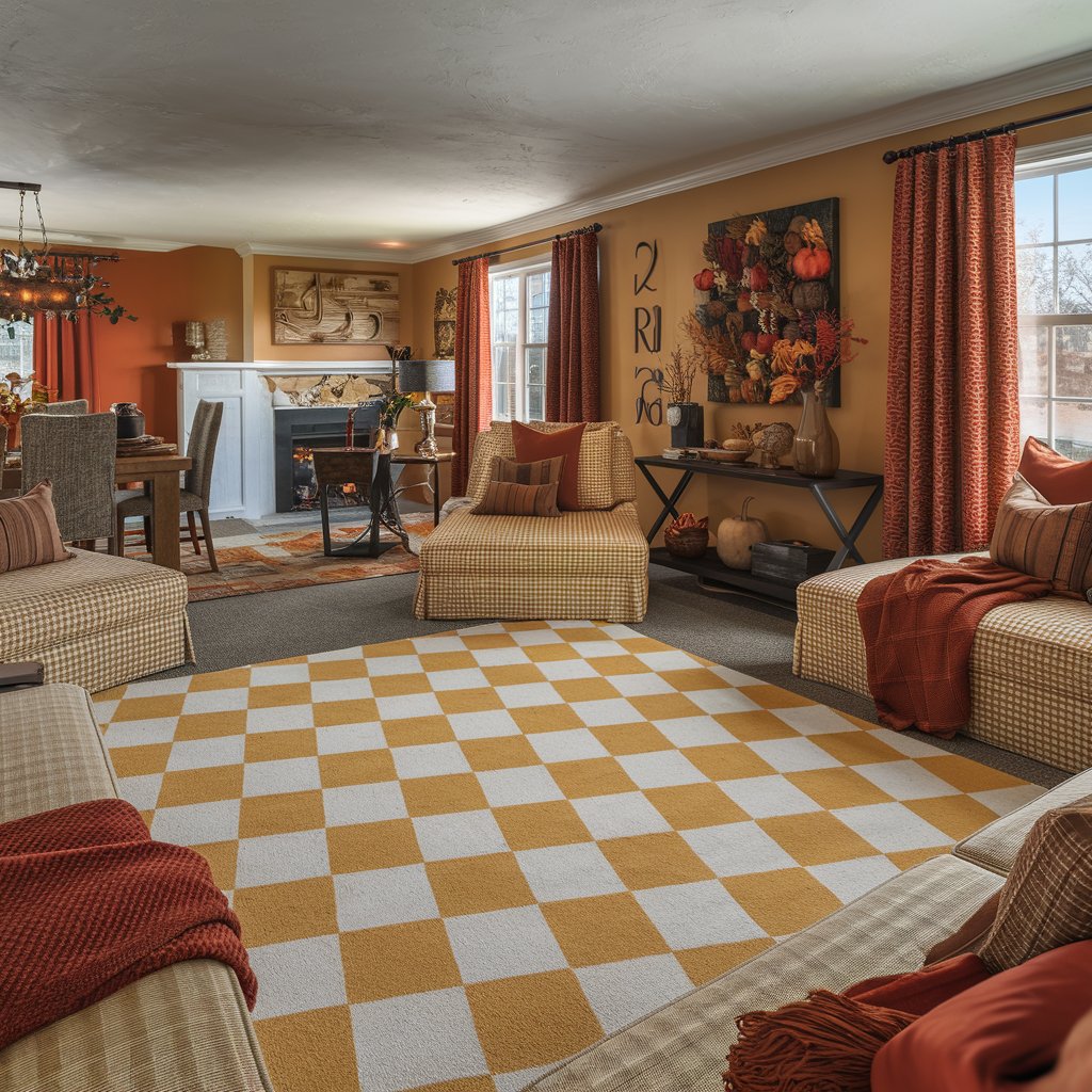 Yellow and White Checkered Rug With Autumn Decor Accents 