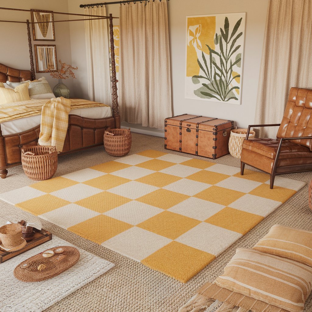 Yellow and White Checkered Rug With Layering Textures