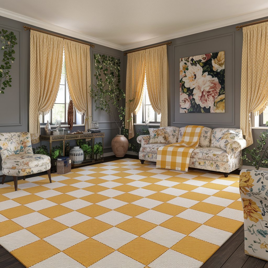 Yellow and White Checkered Rug With Mixed Patterns
