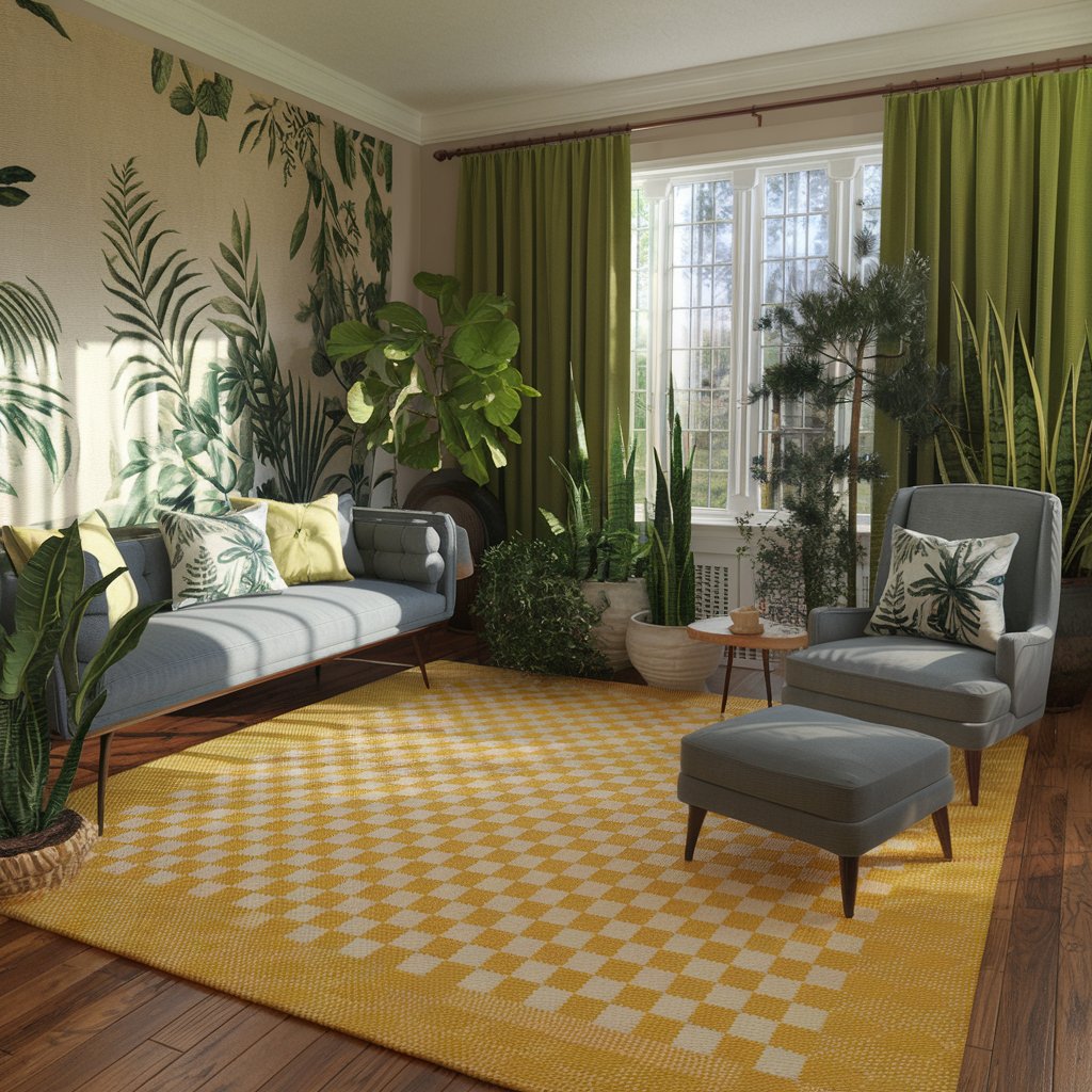 Yellow and White Checkered Rug With Botanical Elements