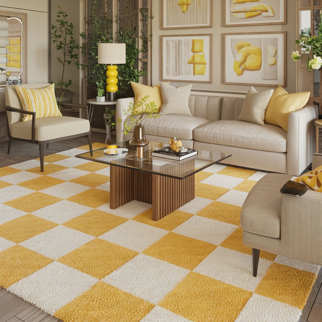 Yellow and White Checkered Rug With a Neutral Backdrop