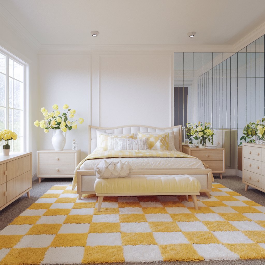 Yellow and White Checkered Rug With Other Decor Accents