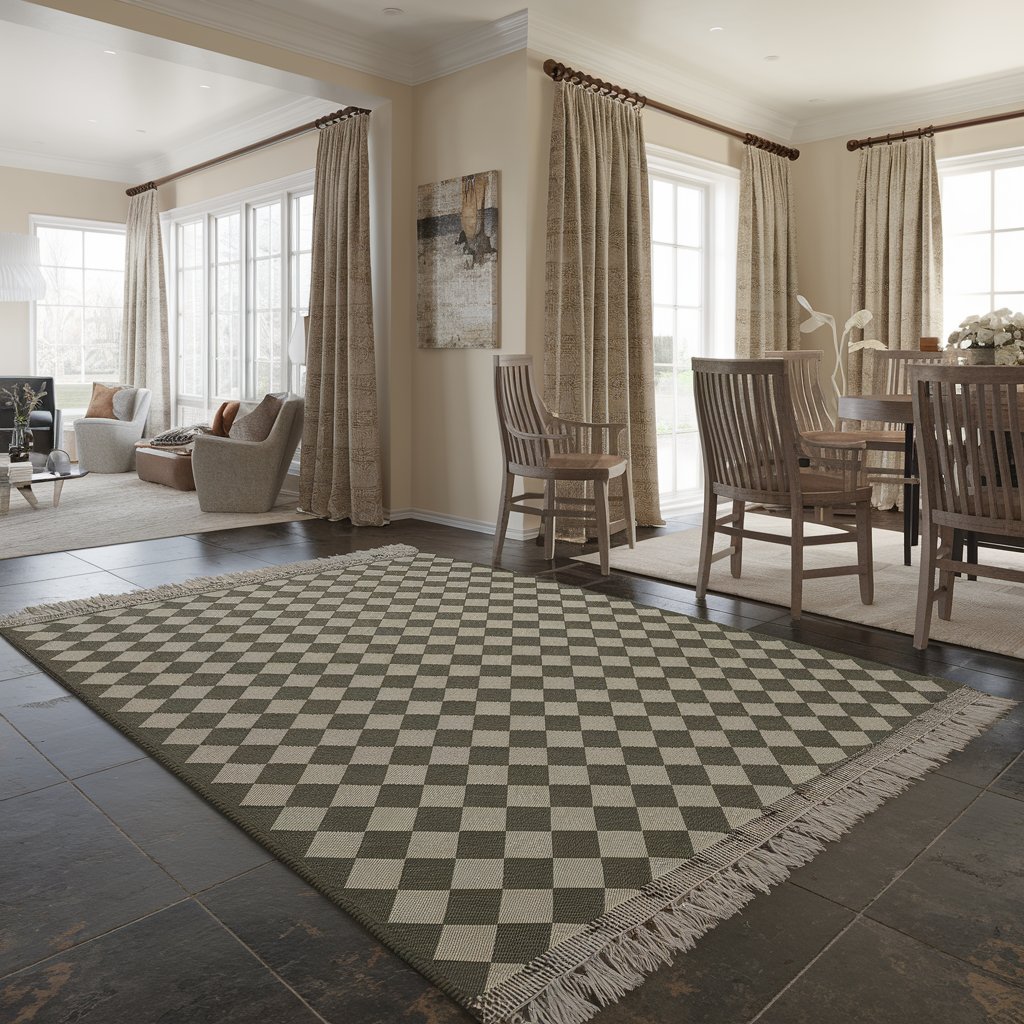 Green checkerboard rug in an open-plan living space