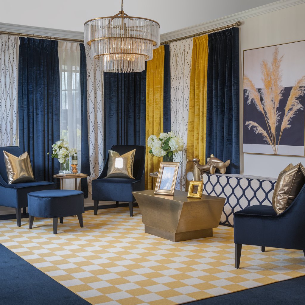 Yellow and White Checkered Rug With Metallic Accents