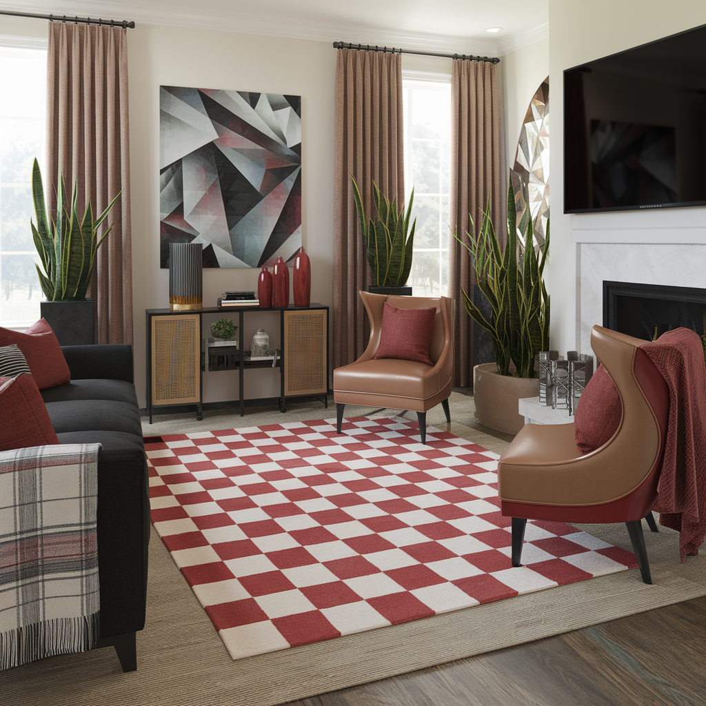 Red Checkered Rug With Other Decor Accents