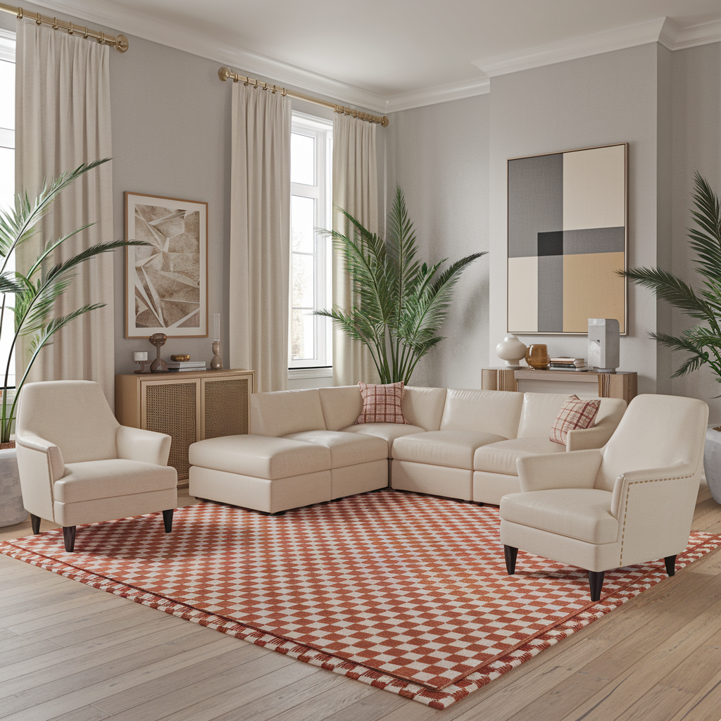 Red Checkered Rug With Neutral Home Decor Accents and Furniture