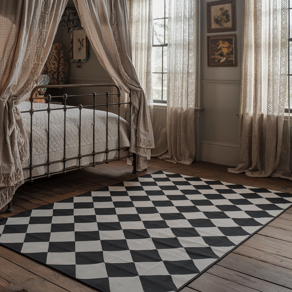 A Black and White Checkered Rug and Vintage Inspired Decor