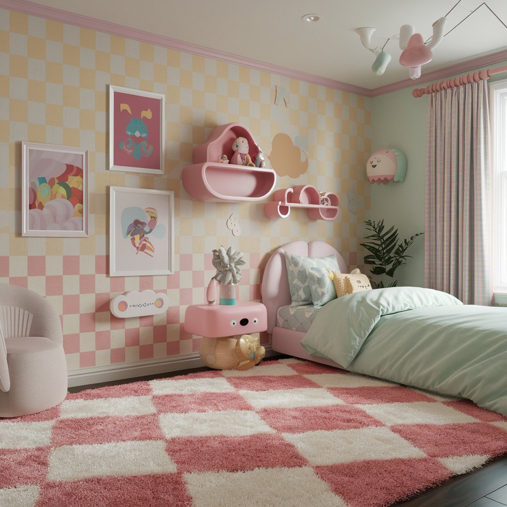 Pink Checkered Rug With Whimsical Decor Accents