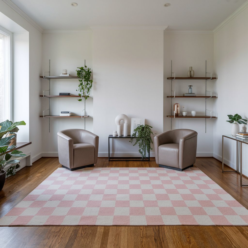 Pink Checkered Rug With a Minimalistic vibe