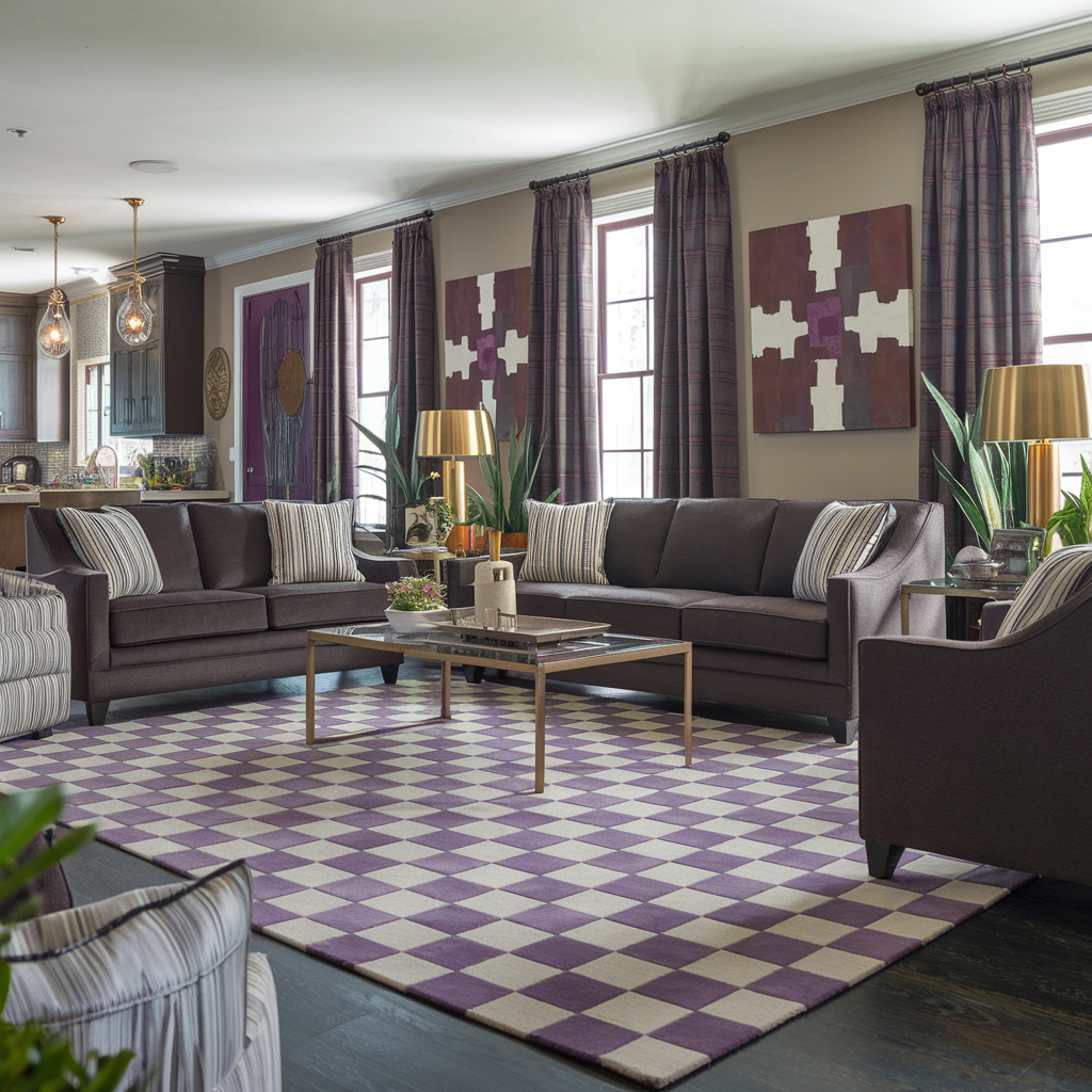 Purple Checkered Rug With Dark Furniture and Decor