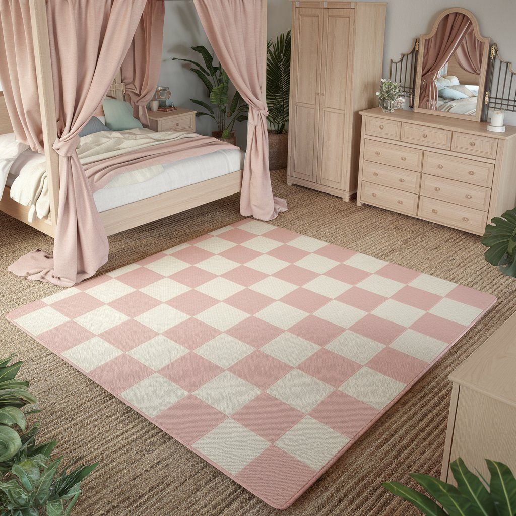 Pink Checkered Rug With Layering Textures