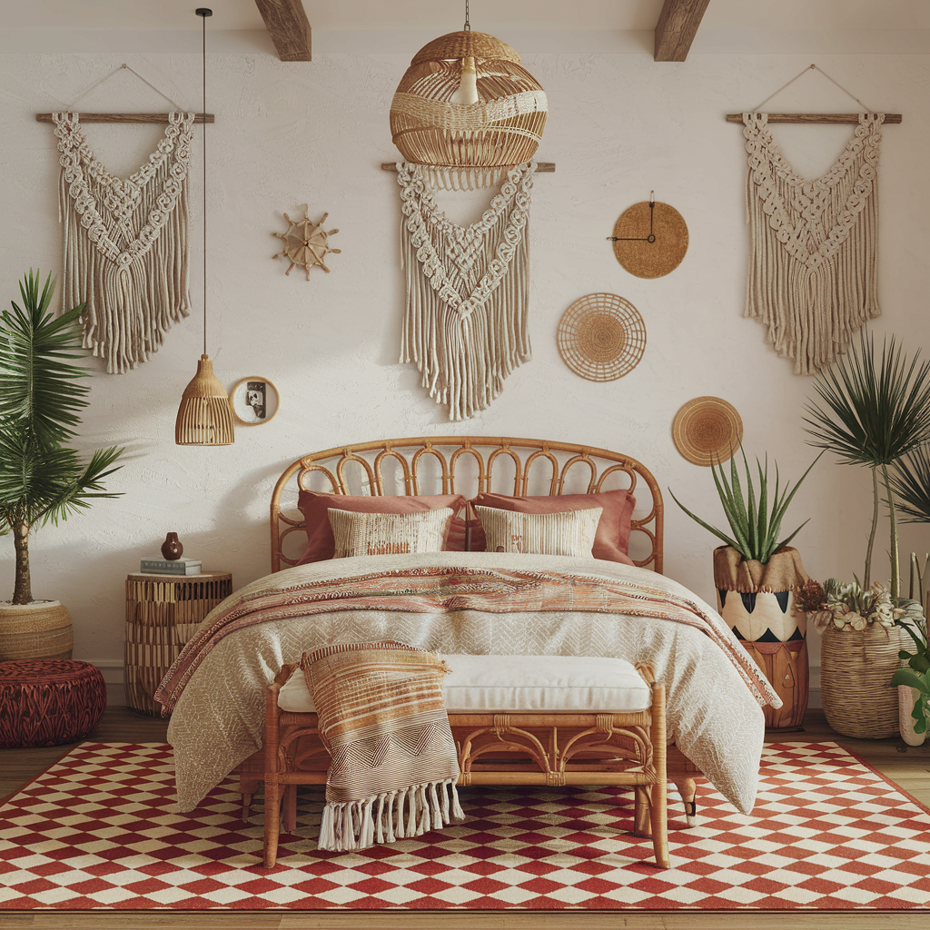 Red Checkered Rug With Boho-Inspired Decor Accents