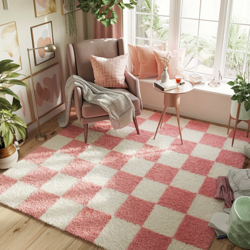 Pink Checkered Rug in a Cozy Nook