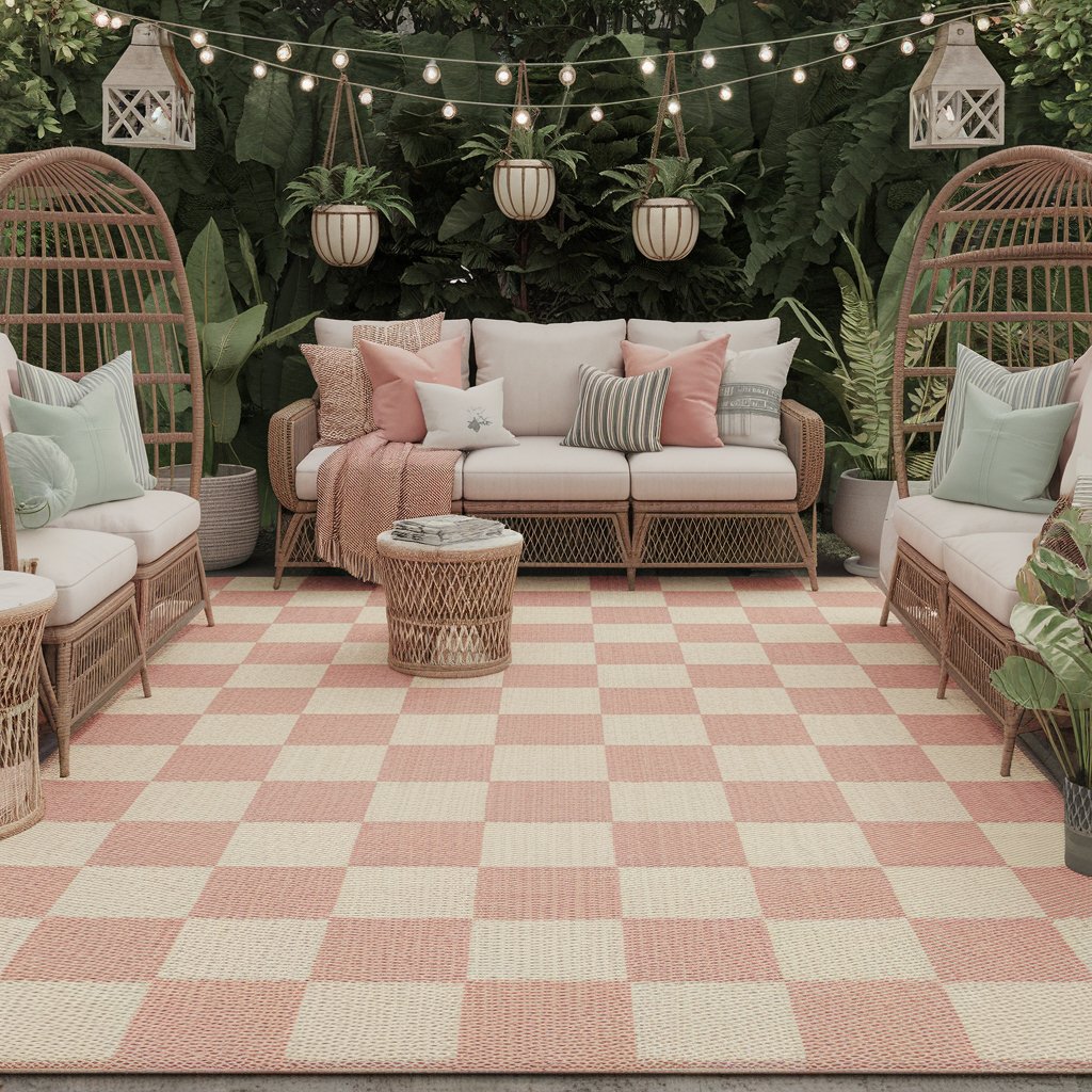 Pink Checkered Rug on a Patio