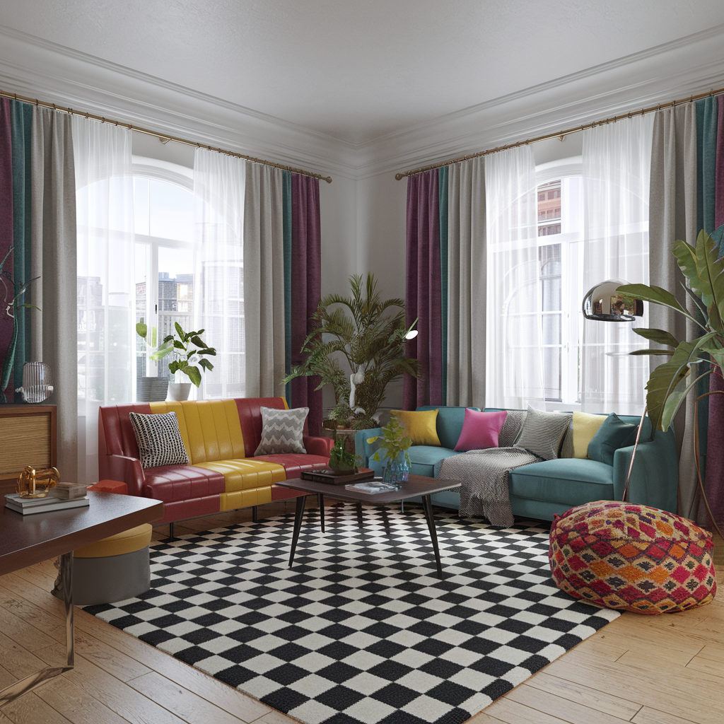 A Black and White Checkered Rug with an Eclectic Vibe and Decor
