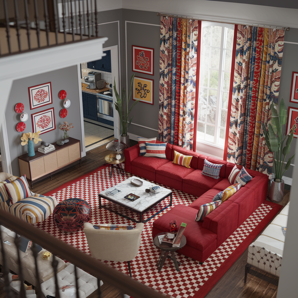 Red Checkered Rug With a Mixed Pattern Theme