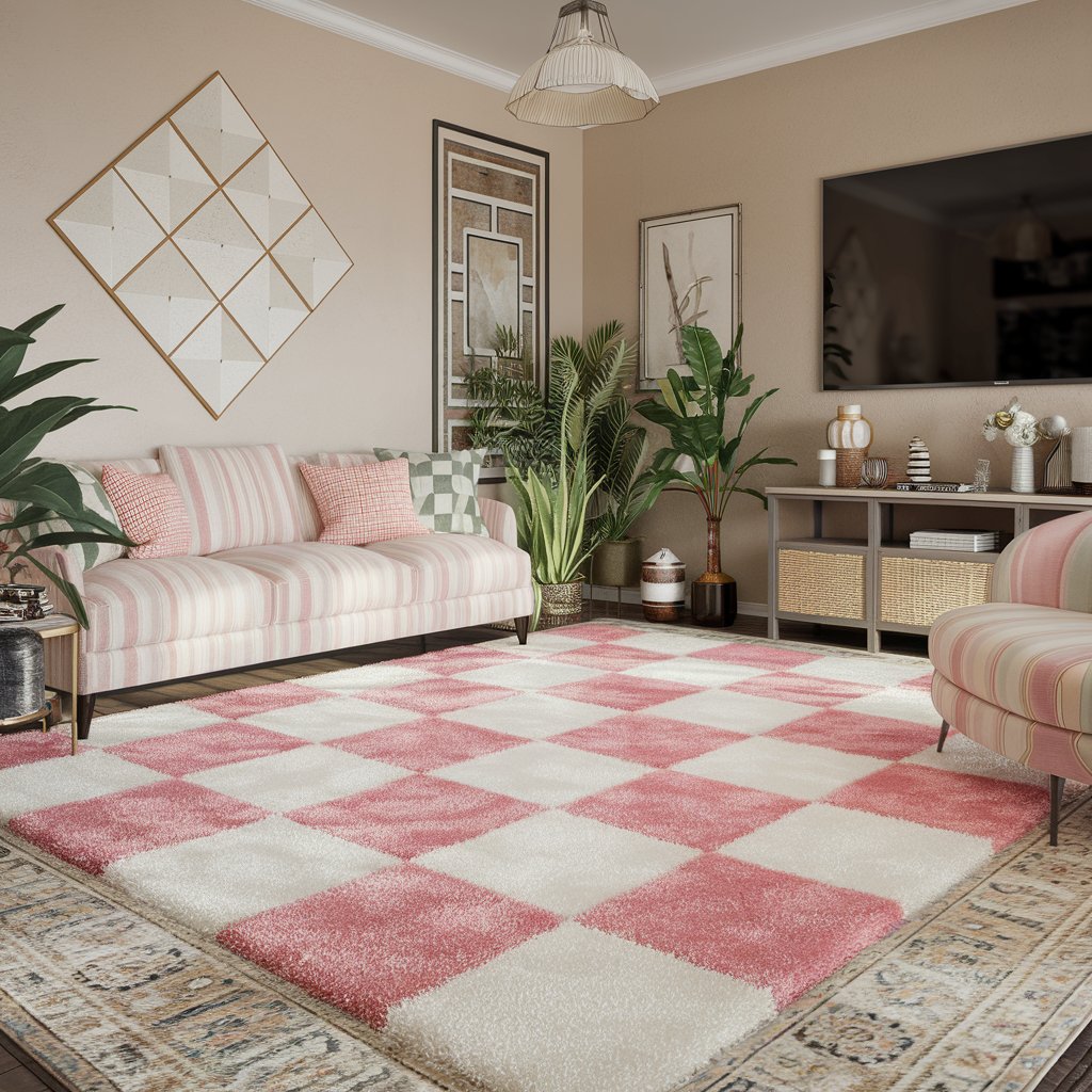 Pink Checkered Rug Paired With Mixed Pattern Accents