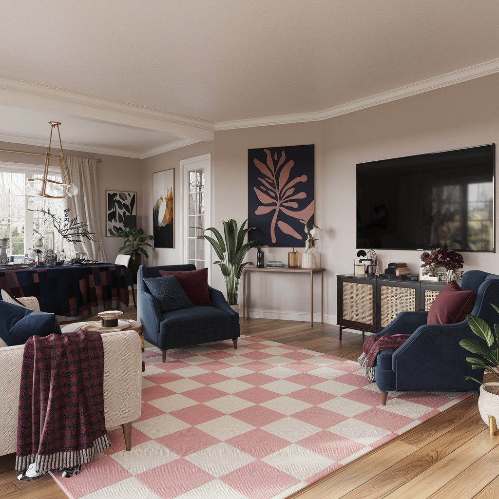 Pink Checkered Rug With Rich Dark Color Accents