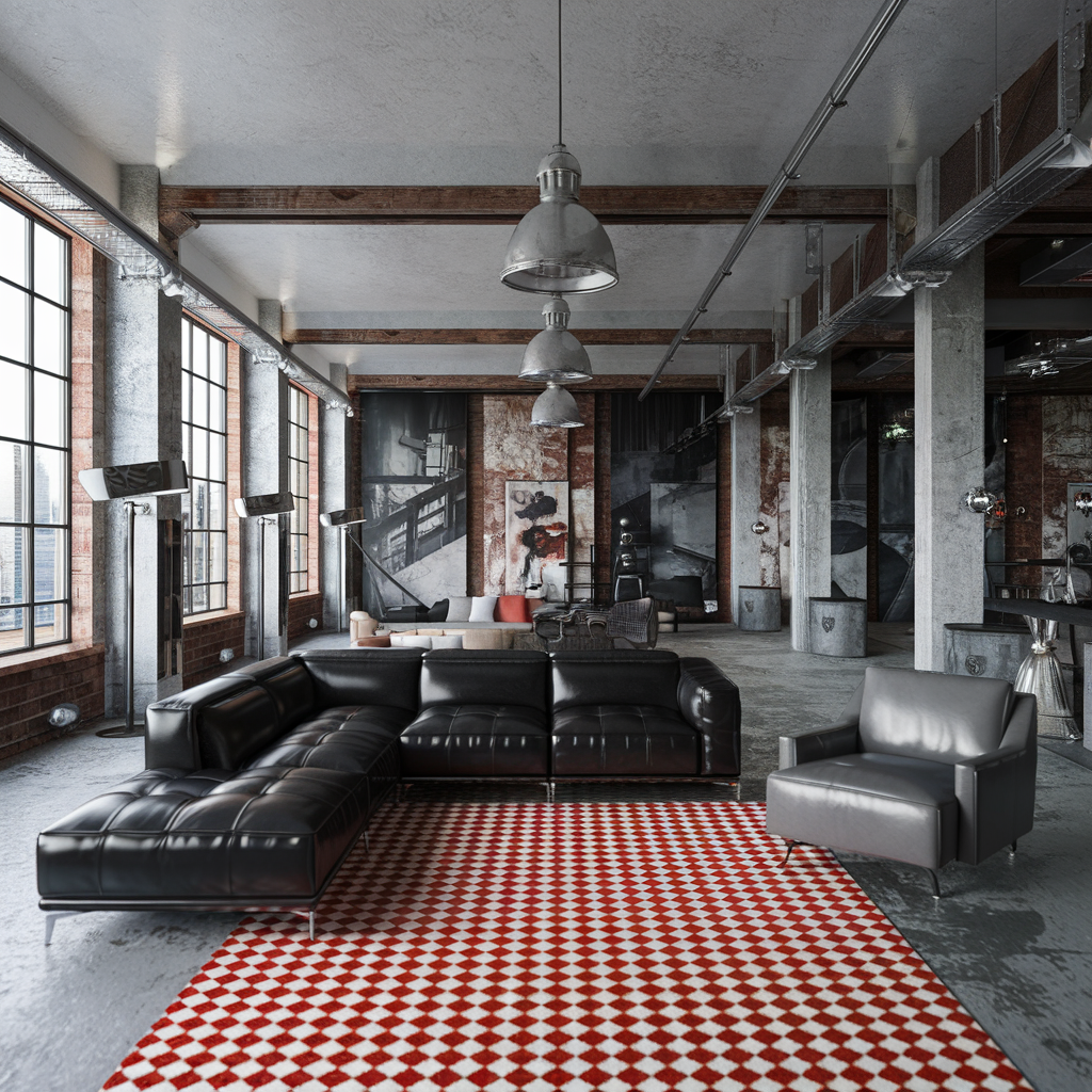 Red Checkered Rug With  Industrail Theme Vibe