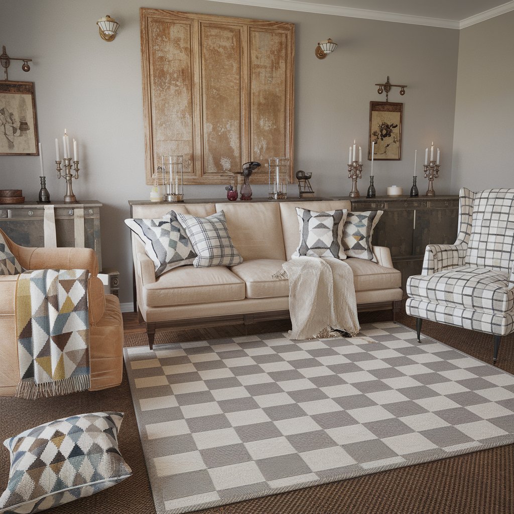 Neutral Checkered Rug With Layed Textures