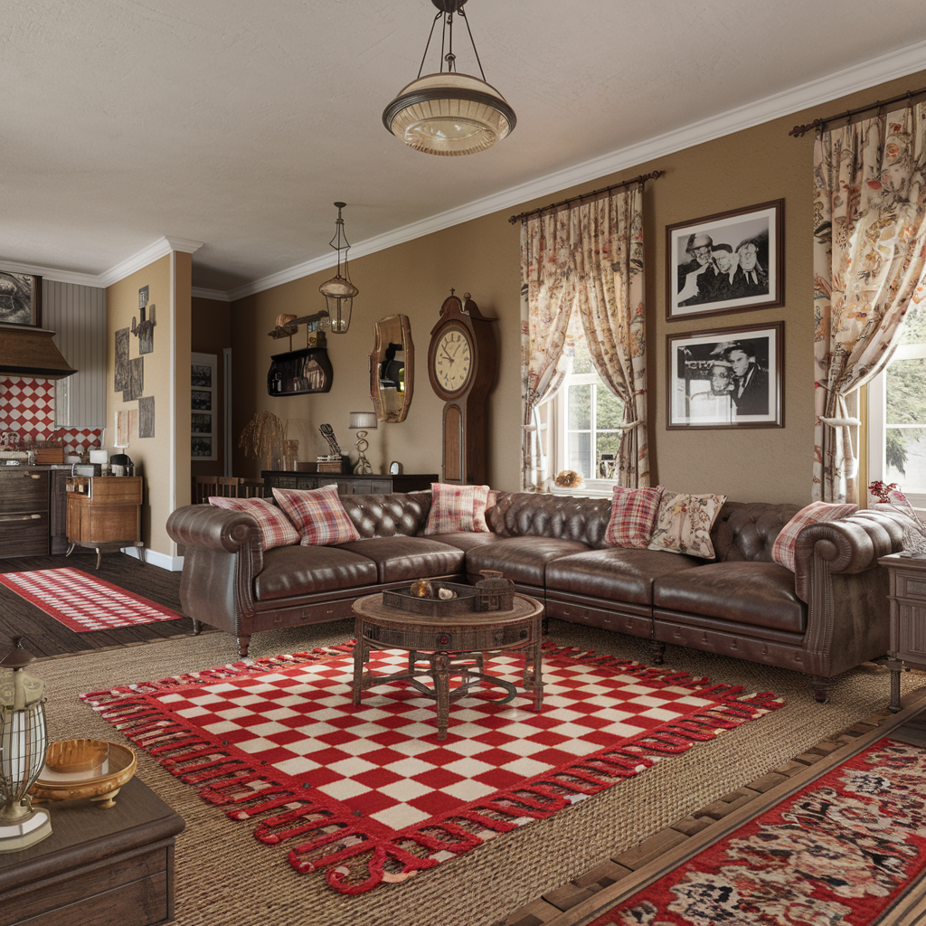 Red Checkered Rug With Vintaged-Inspired Decor Accents 