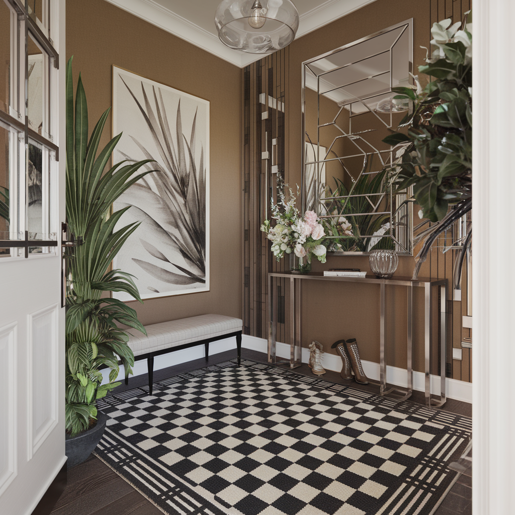 Black and White Checkered Rug With Decor Accents in an Entryway