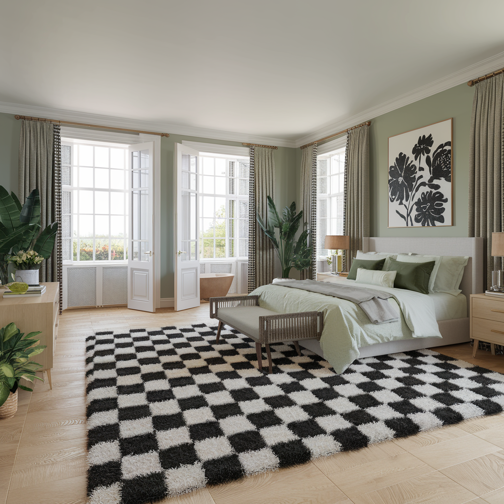 A Black and White Checkered Rug With Natural Elements and Decor Accents 