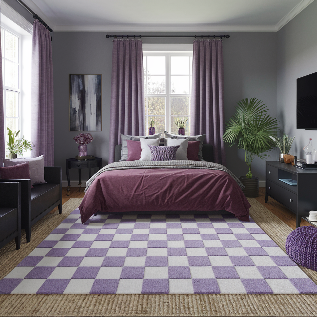 Purple Checkered Rug With Layered Textures