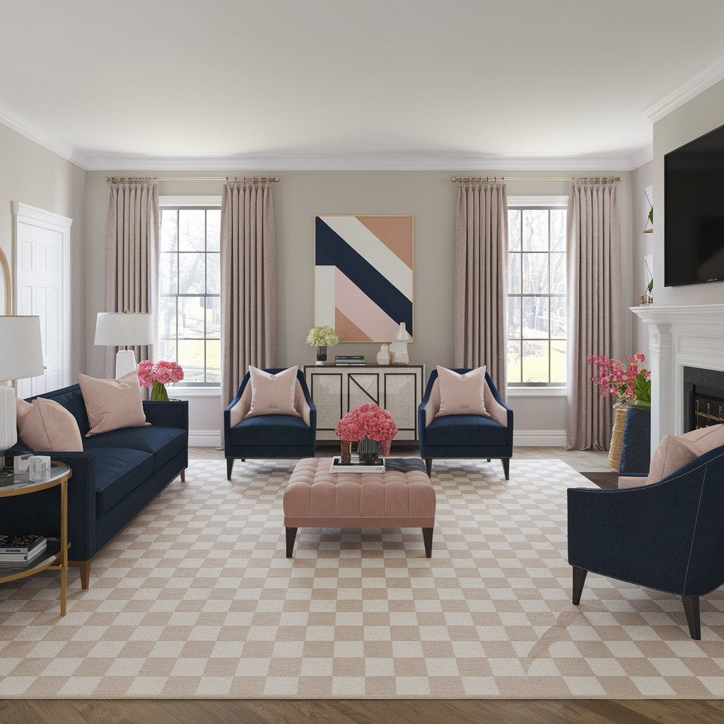 Neutral Checkered Rug With Pops of Color Decor Accents