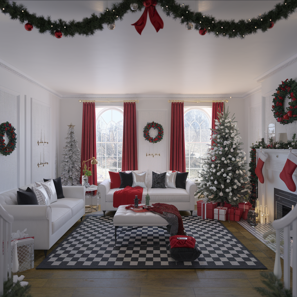 A Black and White Checkered Rug With a Christmas Theme and Decor