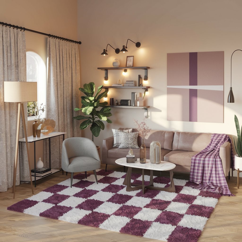 Purple Checkered Rug In a Cozy Atmosphere