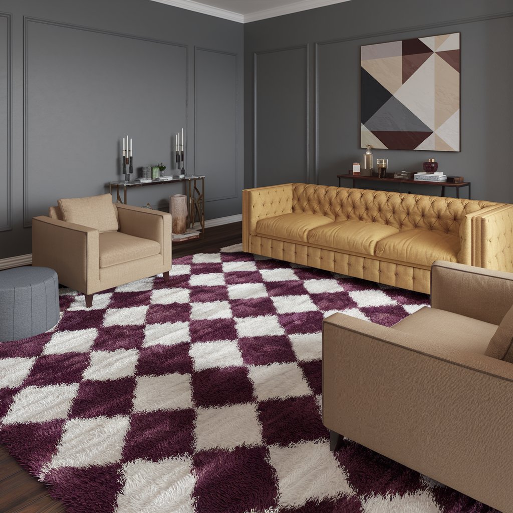 Purple Checkered Rug With Other Decor Accents