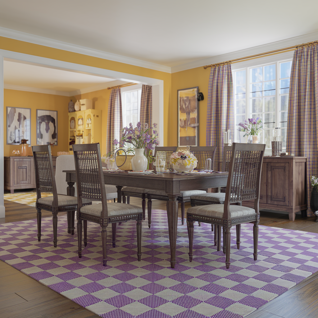 Purple Checkered Rug In Dining Room With Other Decor Accents