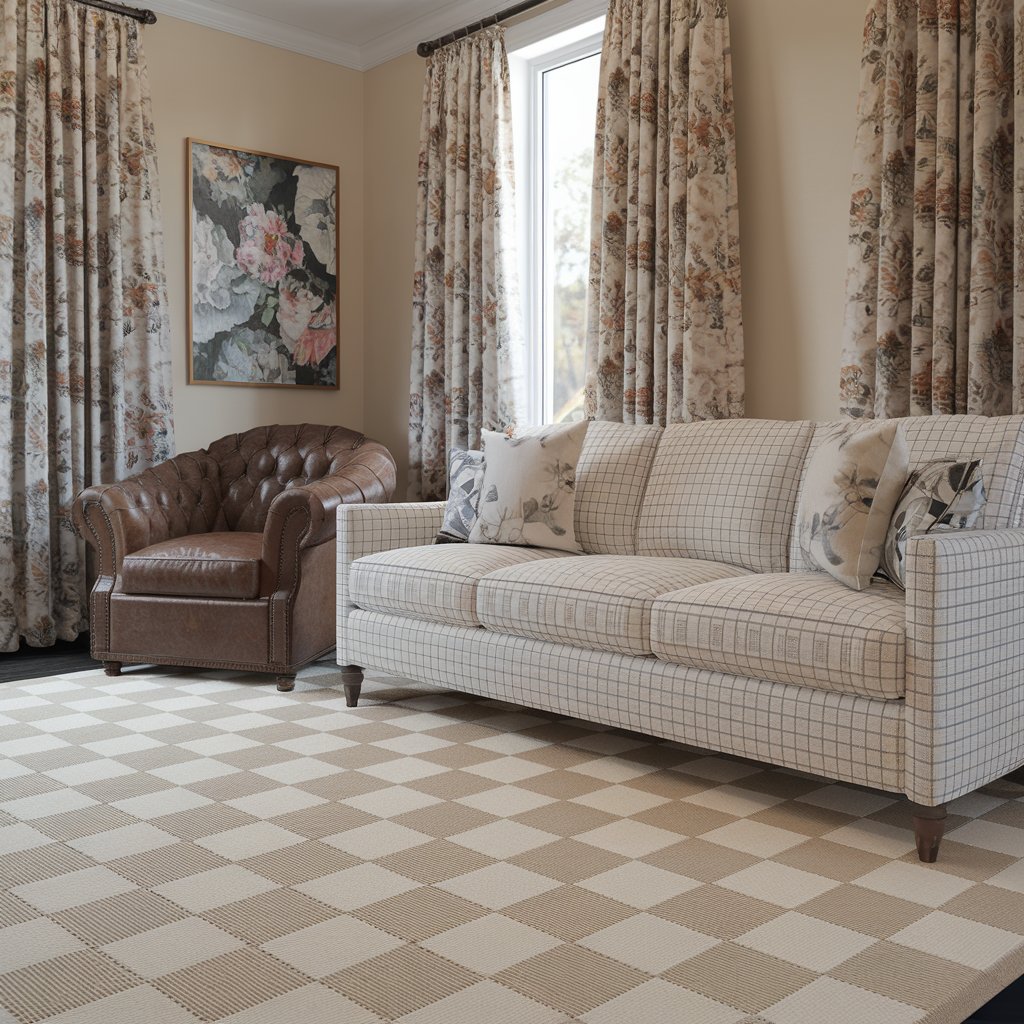 Neutral Checkered Rug With Mixed Patterns