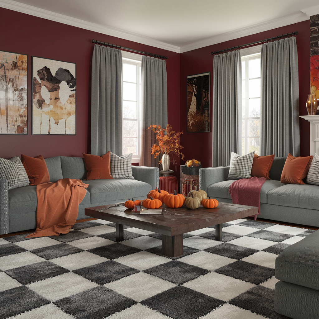 Neutral Checkered Rug With a Fall Theme