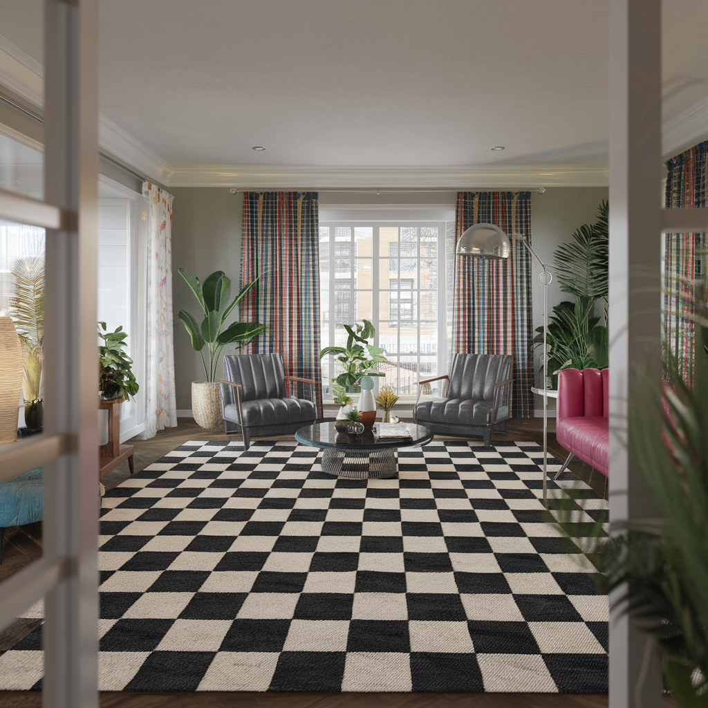 A Black and White Checkered Rug With Colorful Vibrant Decor