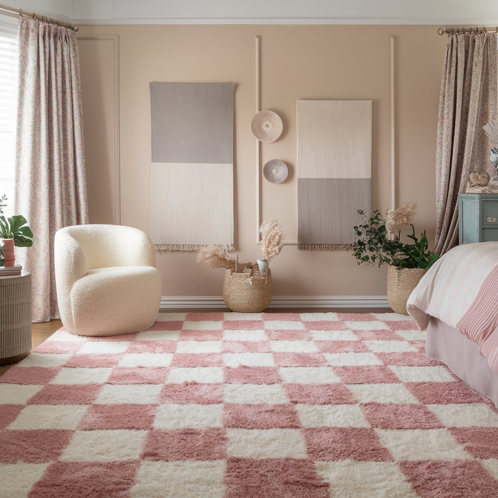 Pink Checkered Rug Paired With Neutral Colors