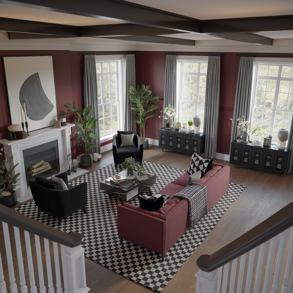 Black and White Checkered Rug With Burgundy and Black Decor Accents