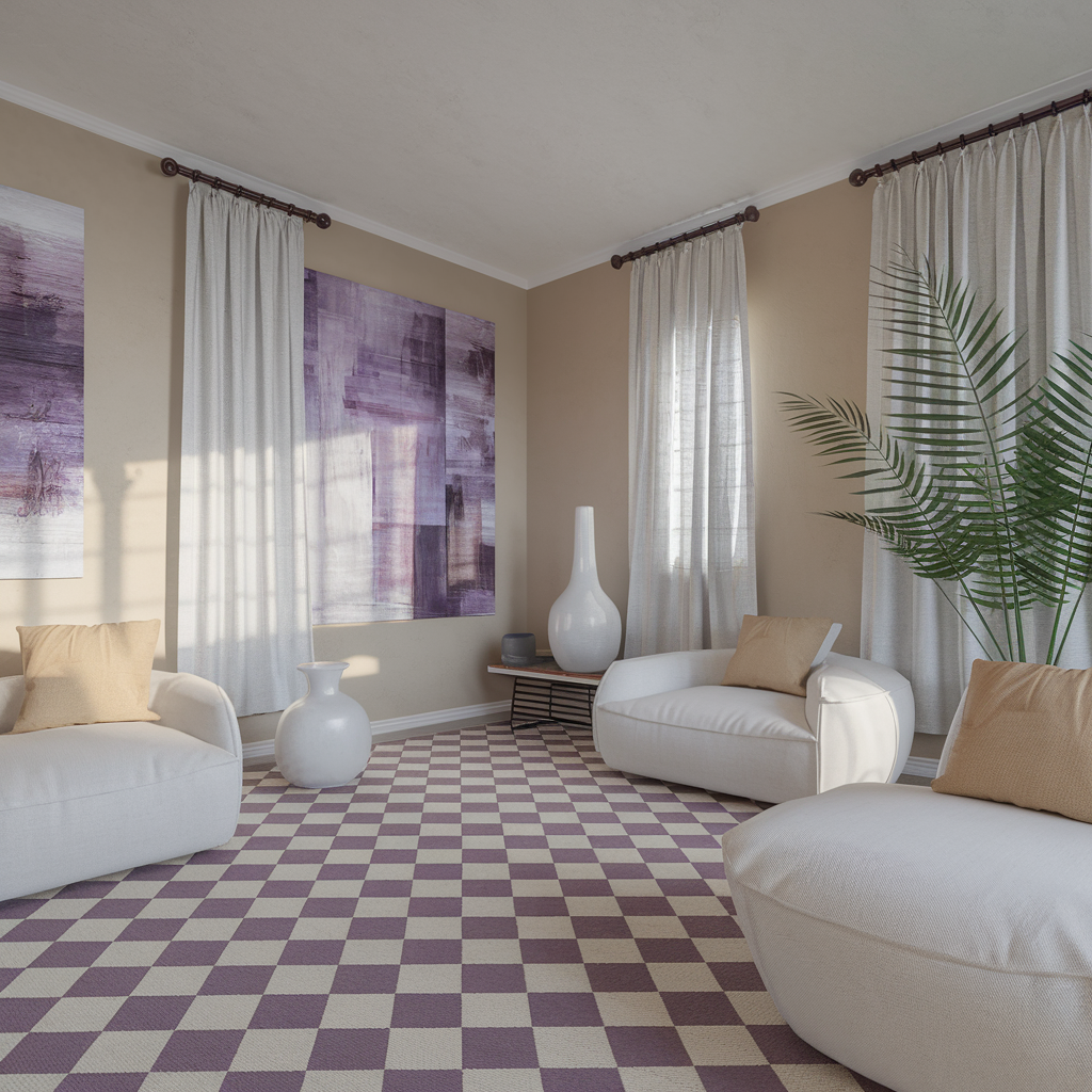 Purple Checkered Rug  With a Minimalistic Vibe