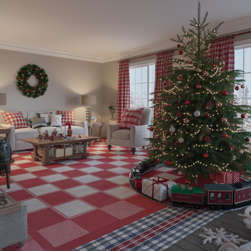 Red Checkered Rug With  Christmas Decor Accents