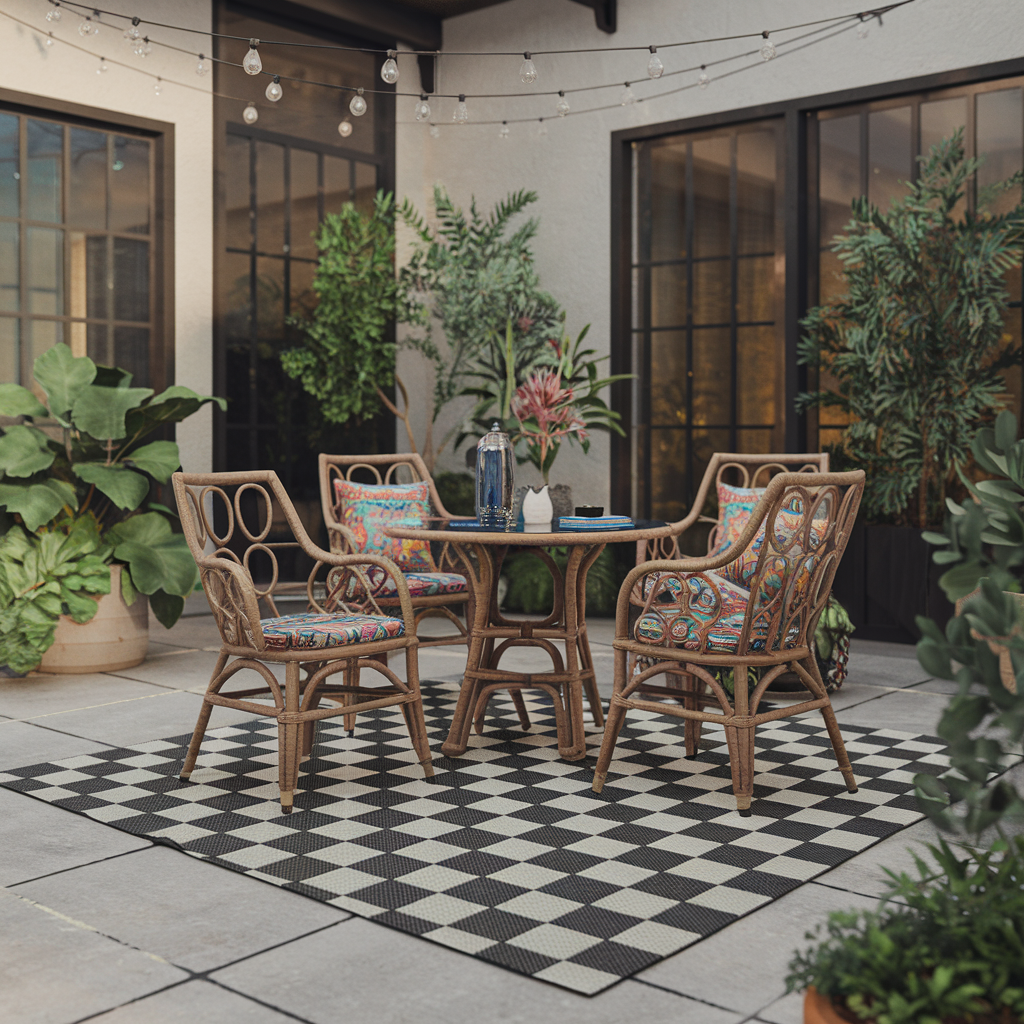 A Black and White Checkered Rug In an Outdoor Space 