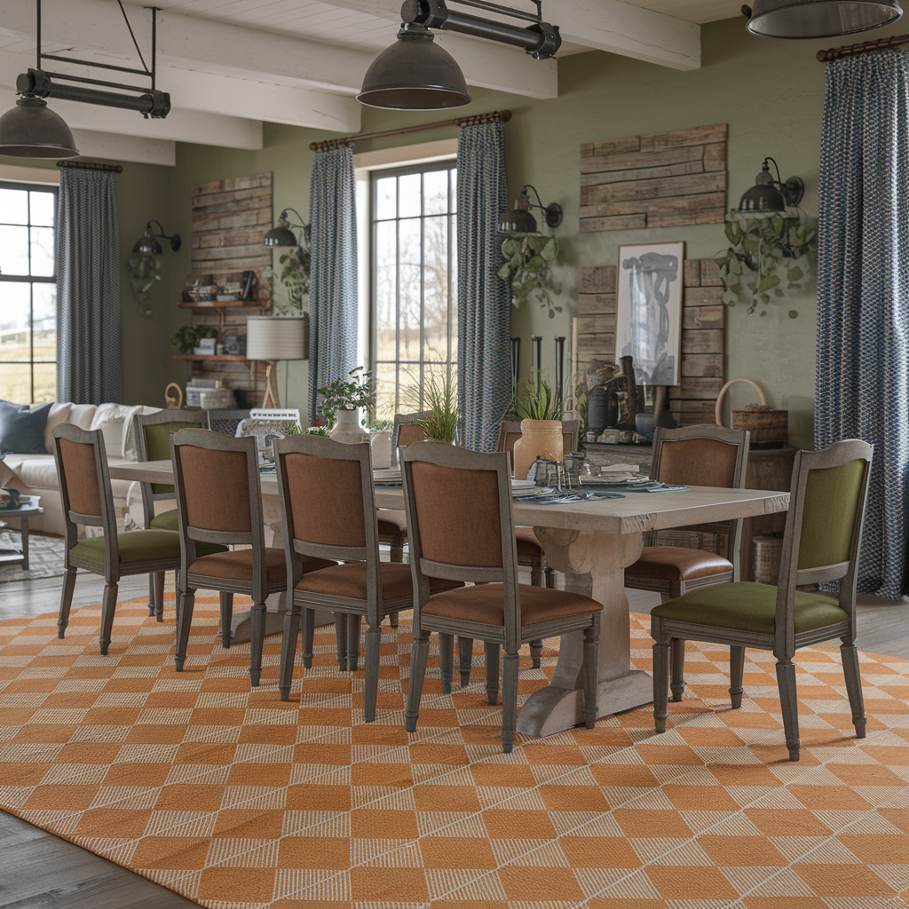 Orange Checkered Rug in a Dining Room with a Modern Farmhouse Vibe