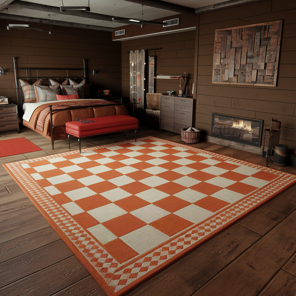 Orange Checkered Rug With a Modern Rustic Vibe in a Bedroom