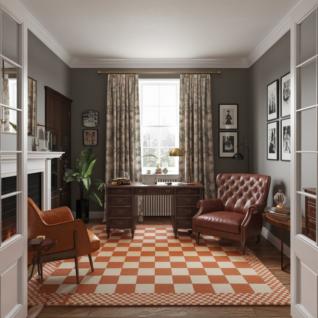 Orange Checkered Rug in a Home Office With a Vintage-Inspired Theme