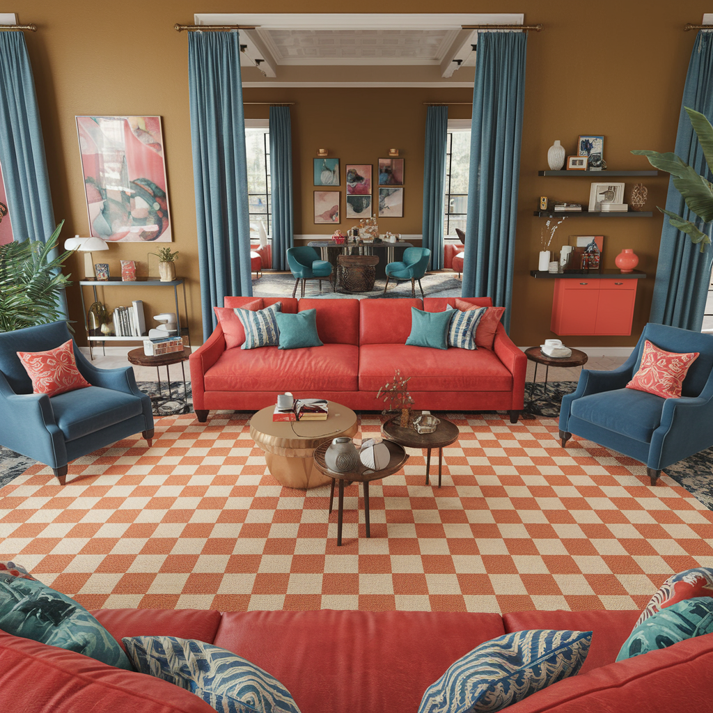 Orange Checkered Rug with Colorful Decor Accents