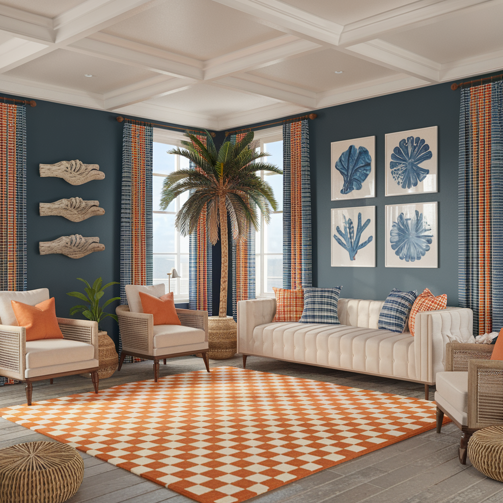 Orange Checkered Rug with a Coastal Aesthetic