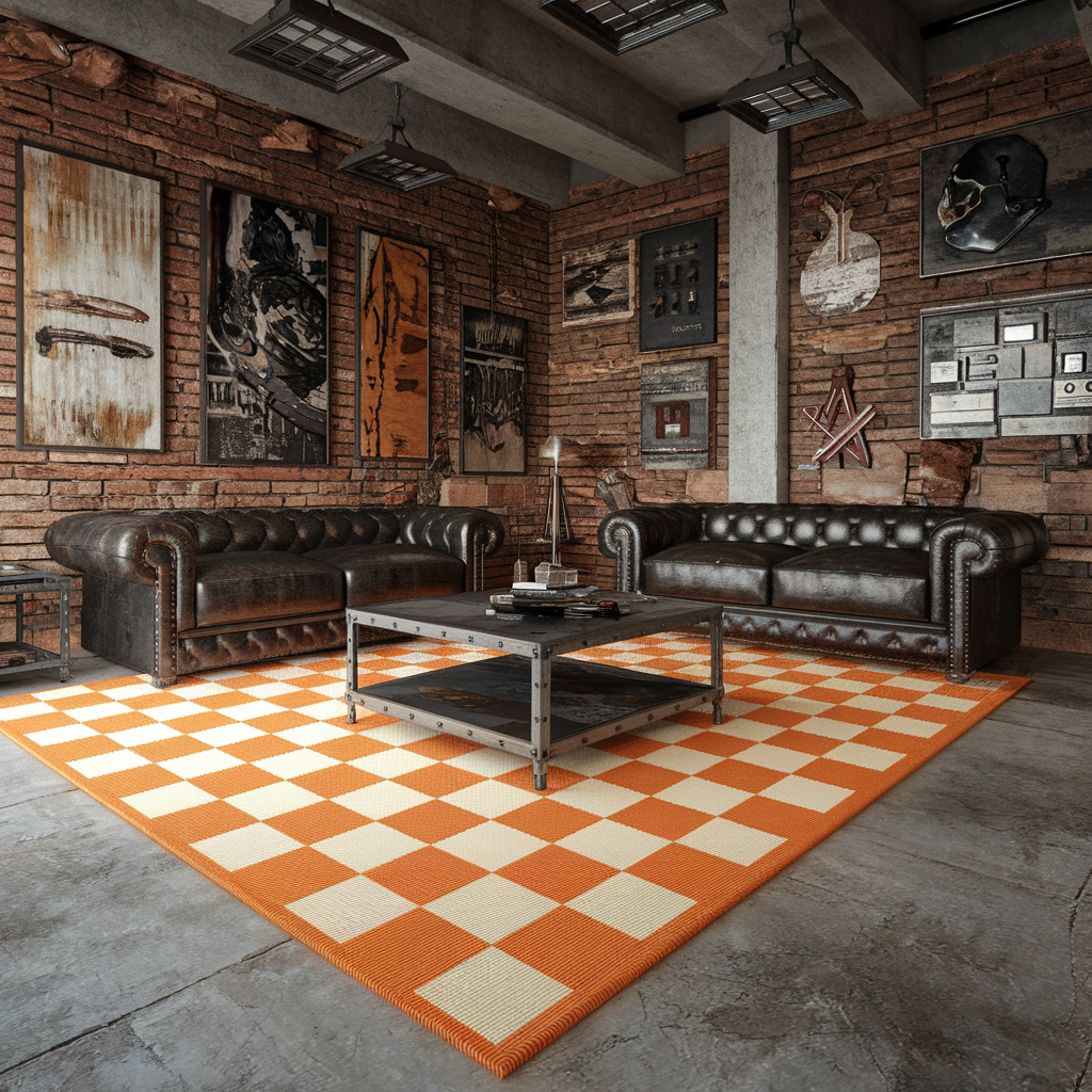 Orange Checkered Rug in a Living Room with an Industrial Vibe