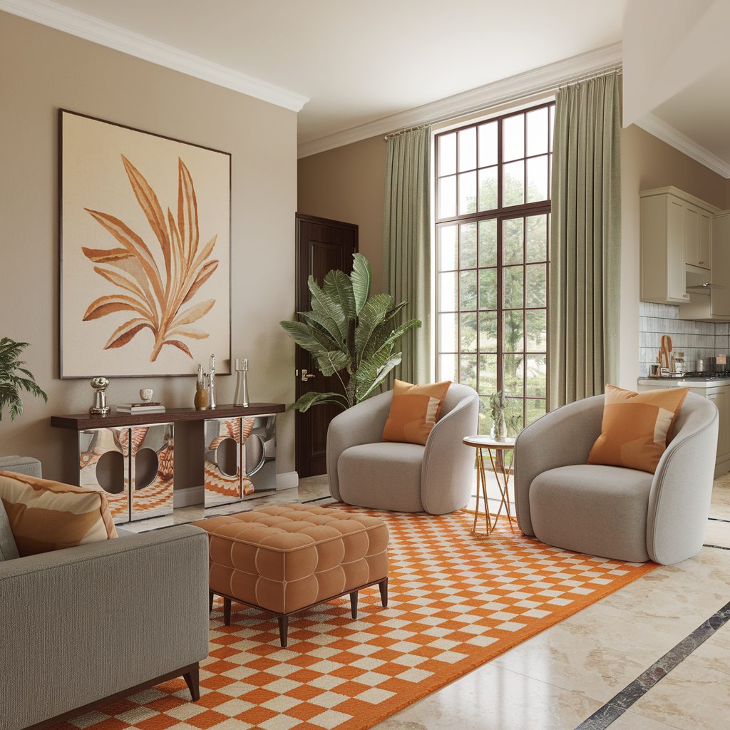 Orange Checkered Rug with Contrasting Furniture In a Livingroom Setting